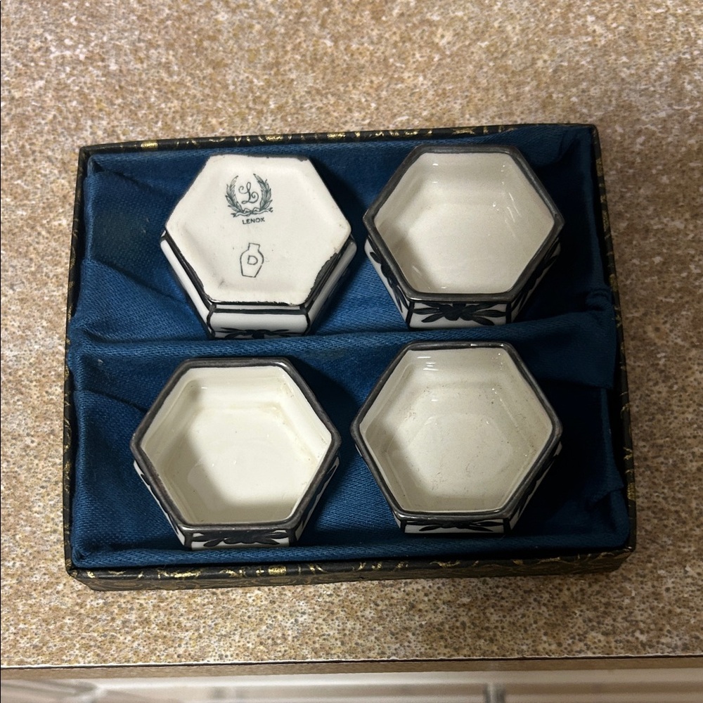 Lenox White and Navy Hexagonal Porcelain Salt Cellars - Set of 4